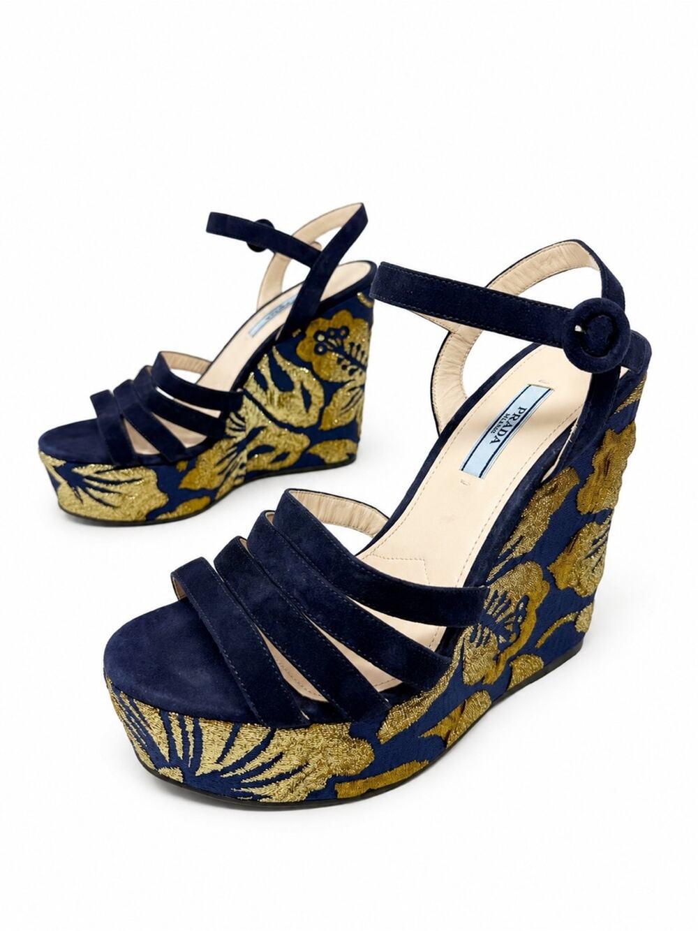 Prada Brocade Platform Wedge Sandals Womens Size EU 37.5